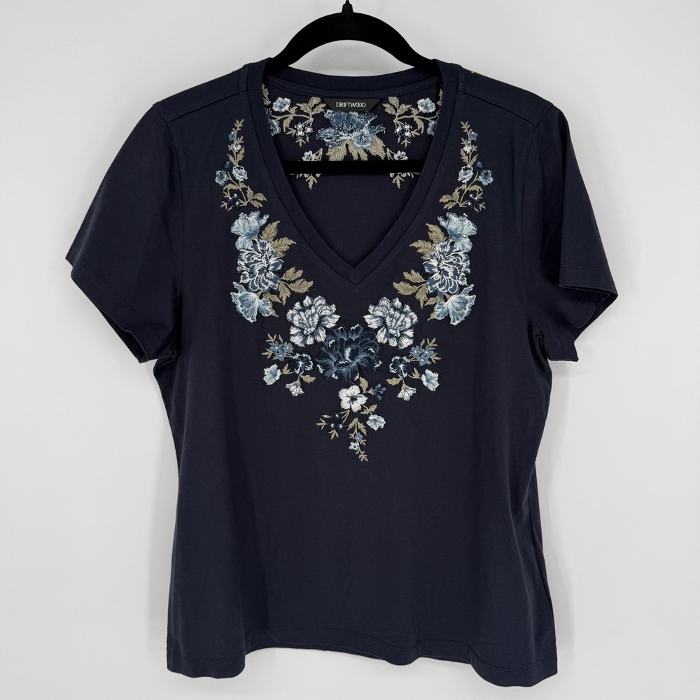 DRIFTWOOD NAVY BLUE V-NECK T-SHIRT EMBROIDERED NAVY BLUE 100% COTTON SMALL